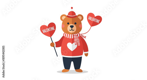 Cartoon Bear Holding Valentine Hearts.