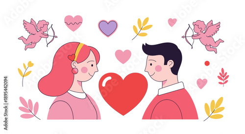 Cartoon Couple Facing Heart Illustration.