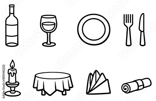 Valentines Day passion evening dinner items in linear style: wine bottle, wine glass, dinner plate, fork, knife, table candle. Vector icons