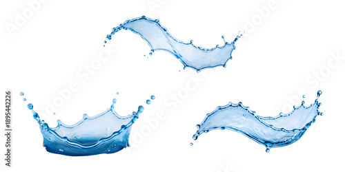 Collection of dynamic blue water splashes and waves isolated on white background perfect for liquid motion and refreshment concepts