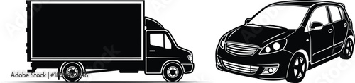 Black and white illustration of a car and a truck