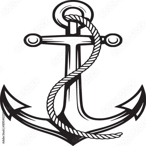 A black and white drawing of an anchor with a rope wrapped around it on a plain white background design