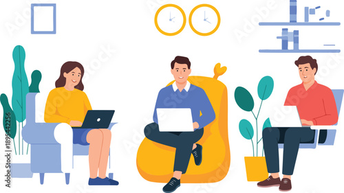 Work From Home Lifestyle Flat Vector Set  People Using Laptops on Sofas and Chairs