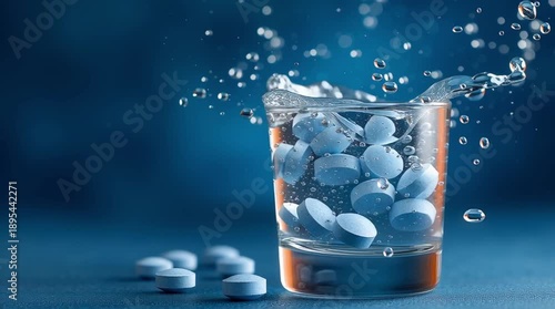 Glass of water splashing with numerous blue tablets inside and around it on a blue background, symbolizing medicine or overdose