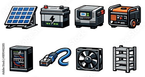 Rural coworking infrastructure equipment in bold style: solar panel, battery unit, power inverter, backup generator, network cabinet, ethernet cable, cooling. Vector icons