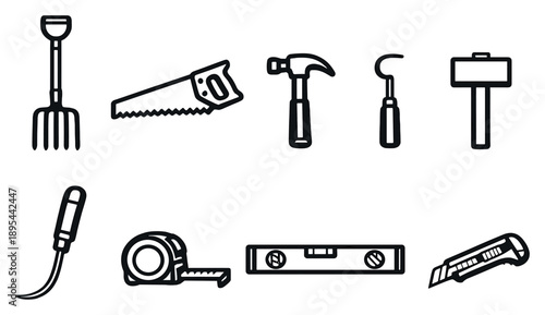 Straw bale housing wall building tools in linear style: pitchfork, hand saw, hammer, wooden mallet, needle tool, measuring tape. Vector icons