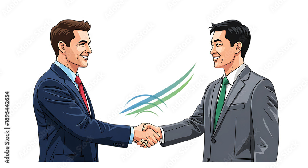 Fototapeta premium Two businessmen shaking hands in agreement and partnership isolated cut out on PNG. AI GENERATED.