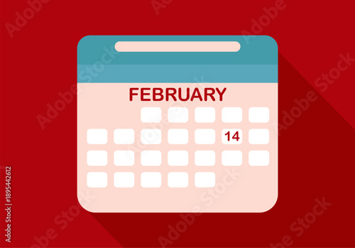 14 February calendar icon text page monthly web design on red, white and black background vector, icon, or illustration with the month of February 14