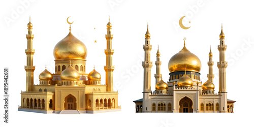 Golden mosque with minarets and domes Islamic architecture illustration for religious holidays and cultural events isolated on white