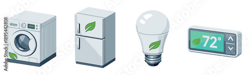 Energy-efficient home appliances in isometric flat style: washing machine, refrigerator, LED bulb, thermostat. Vector icons