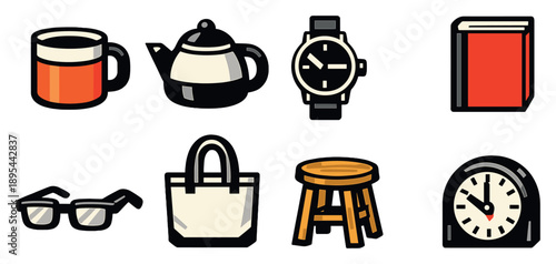 Daily self-care personal items in bold style: ceramic mug, teapot, wristwatch, hardcover book, reading glasses, canvas tote, wooden stool, table clock. Vector icons
