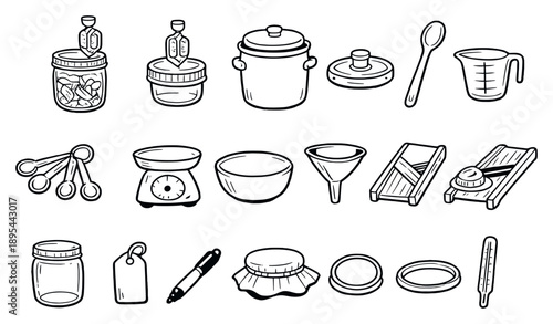 Food preservation fermentation supplies in doodle style: fermentation jar, airlock lid, ceramic crock, glass weight, wooden spoon, measuring. Vector icons
