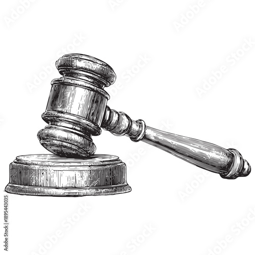 Judicial gavel, representing justice and legal authority, depicted in a detailed sketchy artistic style, on a white background, evoking courtroom proceedings and decisions