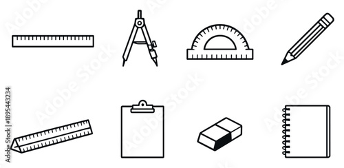Architect drafting tools in linear style: ruler, compass, protractor, pencil, eraser, scale, clipboard, notebook. Vector icons