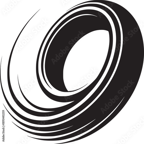 Abstract black and white illustration of a swirling vortex shape with curved lines design element