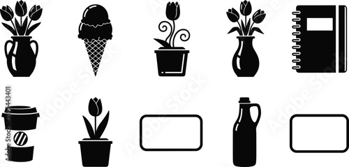 Minimal everyday objects silhouette icons including flowers, ice cream, notebook, coffee cup, plant pots, bottle, and blank labels in clean black vector 