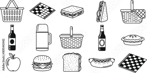 Minimalist picnic food and basket icons set in black line style, outdoor dining essentials collection isolated on white background