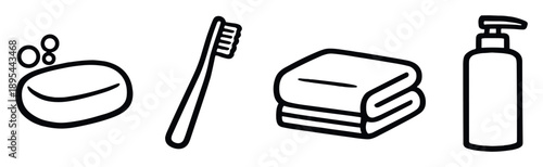 Personal hygiene basics for clean living in linear style: soap bar, toothbrush, towel, shampoo bottle. Vector icons