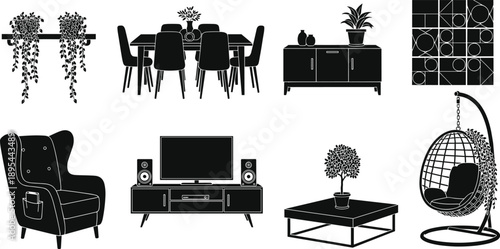 Modern home interior furniture silhouettes set with living room and dining room elements, contemporary decor, seating, tables and plants in clean black vector style isolated on white background