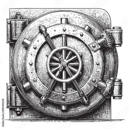 Detailed monochrome etching of a vintage bank vault door with a complex locking mechanism and heavy steel construction, conveying security and financial strength