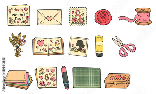 Womens Day appreciation handmade crafts in doodle style: handmade card, envelope, stamp, wax seal, ribbon spool, dried flower, scrapbook. Vector icons