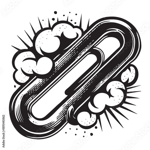 Bold Vintage Graphic Link Icon with Dynamic Starbursts and Comic Book Style Clouds, Black and White Artistic Vector Art for Connection and Strength Concepts