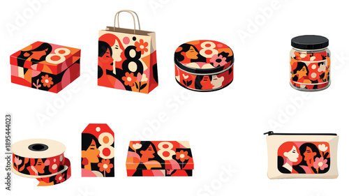 International Womens Day keepsake and gift packaging in bold style: gift box, paper bag, storage tin, glass jar, ribbon spool, label tag, decorative box. Vector icons