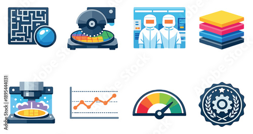 Manufacturing and fabrication process in flat style: photolithography mask, wafer dicing saw, cleanroom icon, deposition layers, etching tool, process control. Vector icons