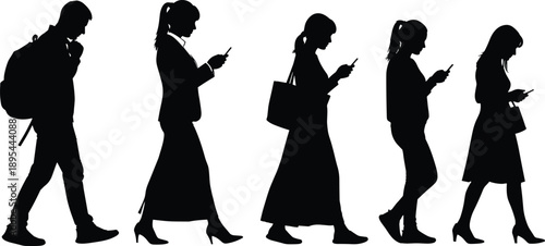 People silhouette illustration showing walking women and man using smartphones, modern lifestyle, communication, technology addiction, urban behavior, and social media concept in vector style