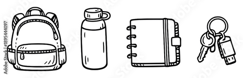 Independent worker daily kit in doodle style: backpack, reusable bottle, planner, keychain. Vector icons