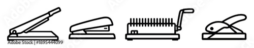 Print finishing tools in linear style: paper cutter, stapler, binding machine, corner rounder. Vector icons