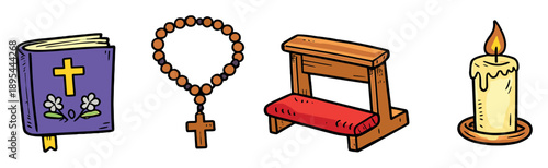 Easter gratitude prayer tools in doodle style: prayer book, rosary, kneeler, candle. Vector icons
