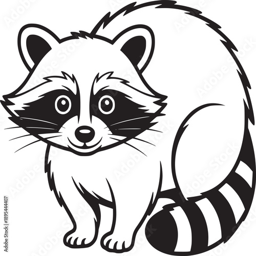A cartoon raccoon with black markings around its eyes and a striped tail standing on a white background