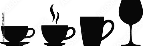 Black Beverage Silhouette Set Featuring Coffee Cups Tea Mugs With Steam And Wine Glass Icons For Cafe Restaurant And Bar Design