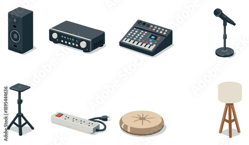 Meditation room audio setup in isometric flat style: floor speaker, amplifier, audio mixer, microphone, speaker stand, power strip, floor cushion, floor lamp. Vector icons