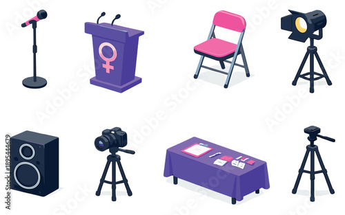 International Womens Day event essentials in isometric flat style: stage microphone, podium, folding chair, spotlight lamp, speaker box, camera, tripod. Vector icons
