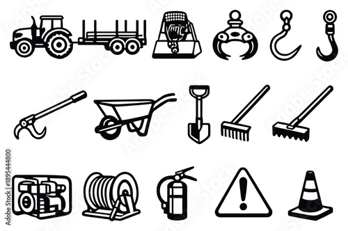 Forestry management woodland equipment in linear style: tractor, log trailer, skidder winch, timber grapple, log hook, cant hook. Vector icons