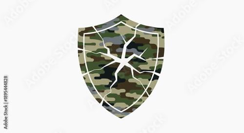 Abstract Cracked Shield with Camouflage Pattern Symbolizing Fragility and Protection