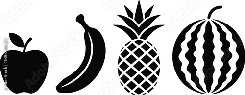 Black Fruit Silhouette Set Featuring Healthy Apple Banana Pineapple And Watermelon Icons For Grocery Store Market And Fresh Juice Design