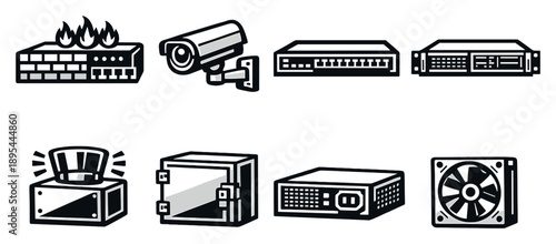 Network security appliances in bold style: firewall device, security camera, network switch, rack mount case, alarm siren, metal enclosure, power supply. Vector icons