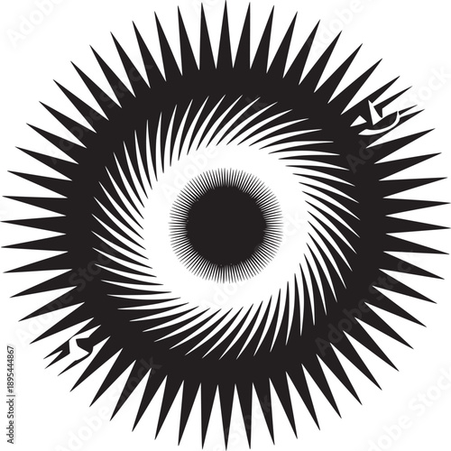 A black and white graphic design featuring radiating spikes and a central circular vortex pattern