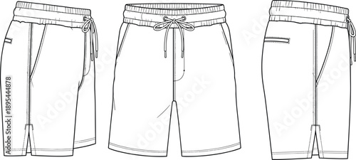 Men’s athletic shorts technical fashion illustration showing front side and back views, elastic waistband drawstring design, modern sportswear apparel flat sketch