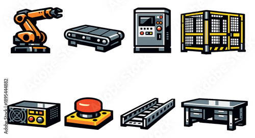 Robotics and automation lab equipment in bold style: industrial robot arm, conveyor belt, control cabinet, safety cage, power supply, emergency stop button. Vector icons