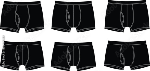 Men’s boxer briefs underwear silhouette set, basic clothing apparel illustration showing different designs, fashion essentials, comfort wear, and minimalist garment concept
