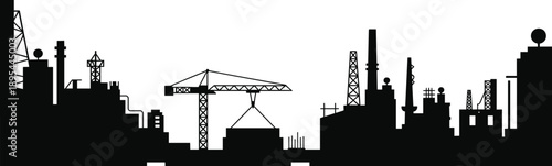 Industrial factory skyline silhouette, oil refinery and construction plant vector illustration, heavy industry buildings isolated on white background design