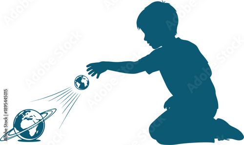 A child is playing with a global type marble