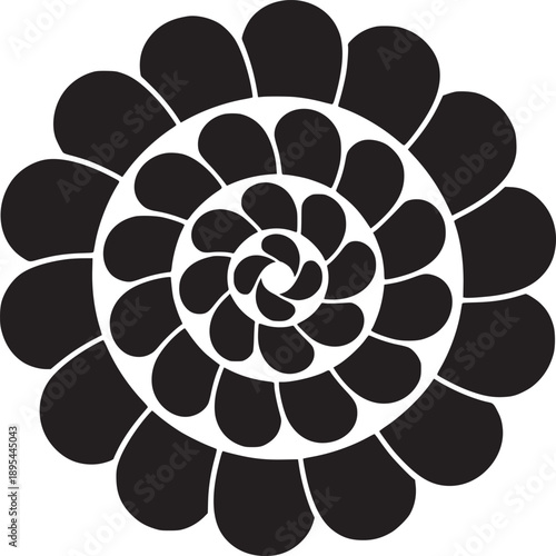 A black and white floral design with layered teardrop petals in a spiral pattern on white background