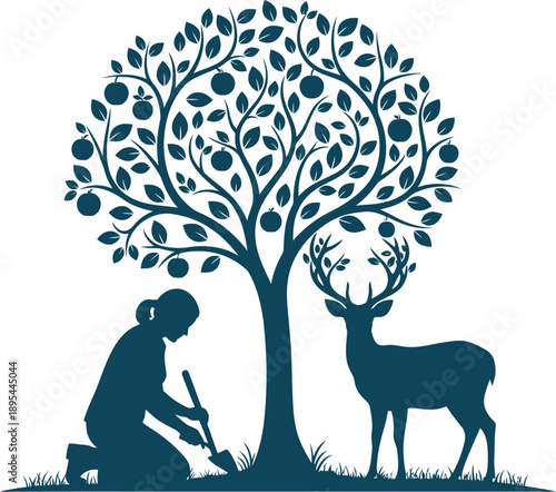 Serene scene of a person and a deer by a tree