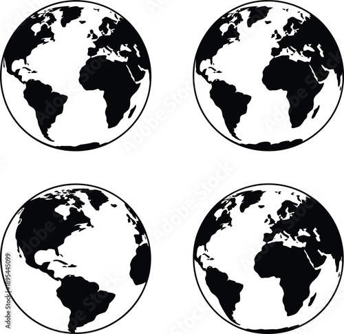 Monochrome Vector Illustration of Earth Globe Collection Depicted in Minimalist Line Art Featuring Four Stylized Views of Continents Including Europe, Africa, and the Americas Arranged in Grid 