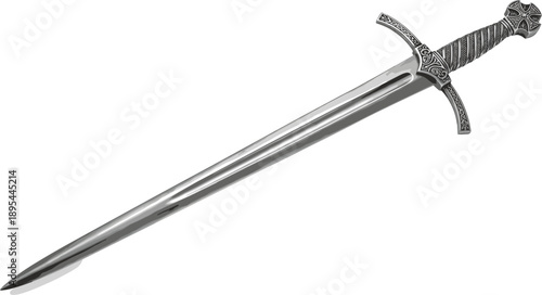 Detailed Medieval Knight Sword Vector Featuring Ornate Hilt Engraved Blade And Ancient Crusader Symbolism For Historical Gaming And Heraldry Design Projects